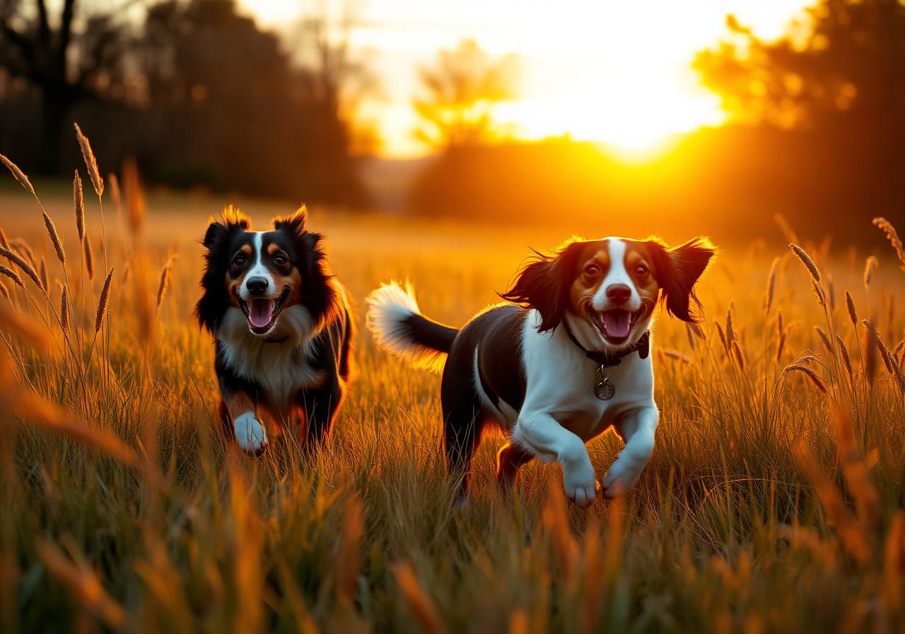 Bobby and Bella running at sunset